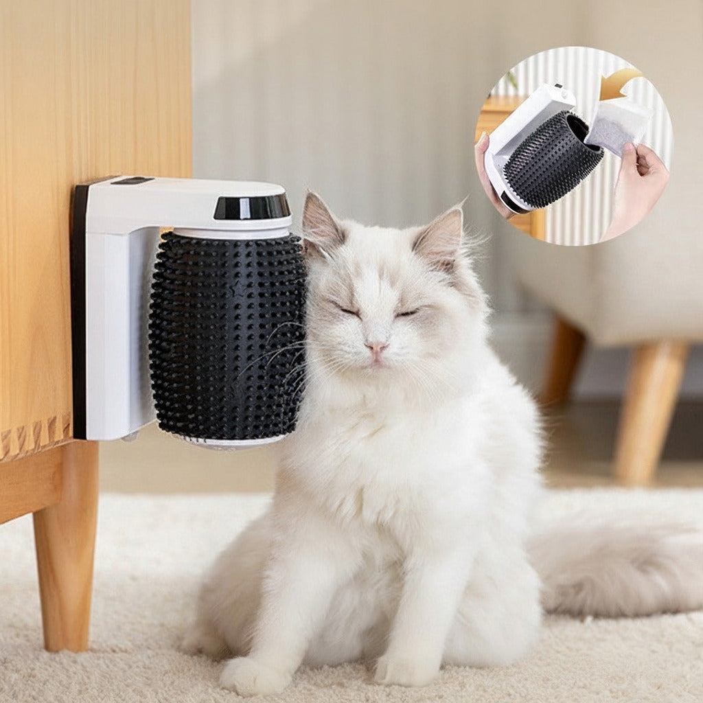 Automatic self-groomer for cats that helps remove loose fur while massaging and scratching during daily grooming