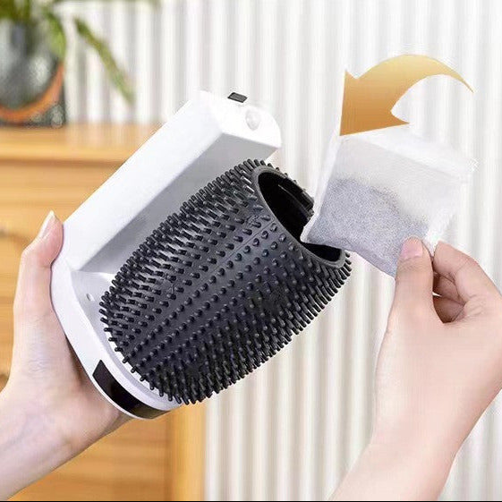 Automatic self-groomer for cats that helps remove loose fur while massaging and scratching during daily grooming depiction of putting keeper bag inside