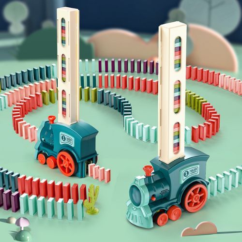 Automatic domino train toy that lays dominoes for creative and interactive play for kids depiction of play
