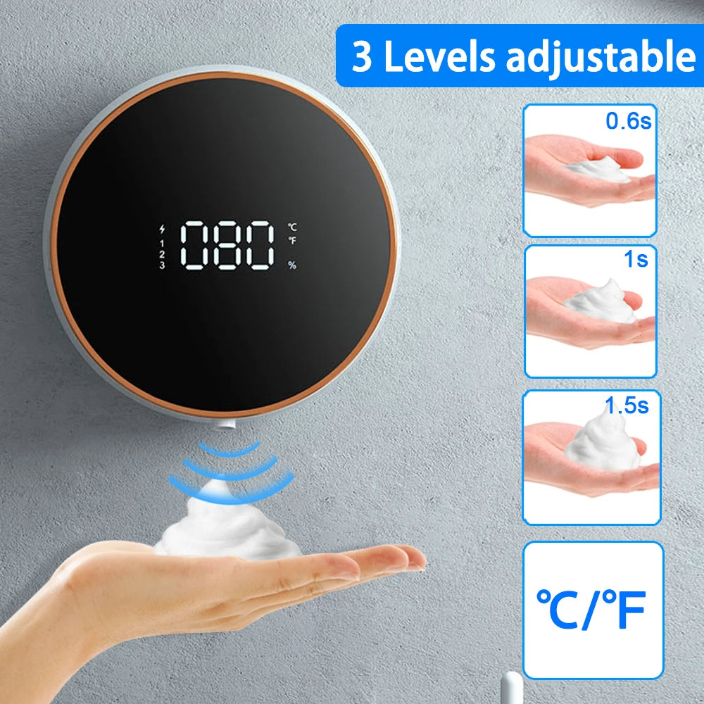 Automatic foaming soap dispenser with touch free sensor for hygienic hand washing depiction of adjustable volume