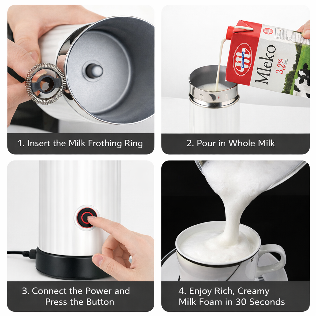 Automatic milk frother and heater four step instructions