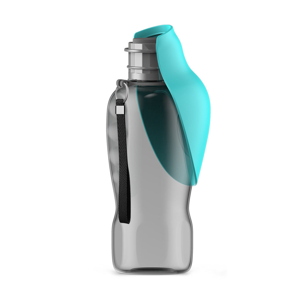 Portable dog water bottle in blue color with built-in bowl and one-button dispenser for outdoor hydration depiction of use (Color: Blue)