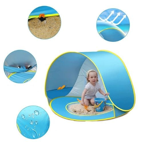 Baby beach tent with pop up design and mini splash pool for outdoor play and sun protection depiction of features