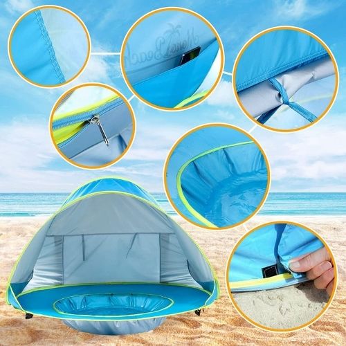 Baby beach tent with pop up design and mini splash pool for outdoor play and sun protection depiction of use on sand