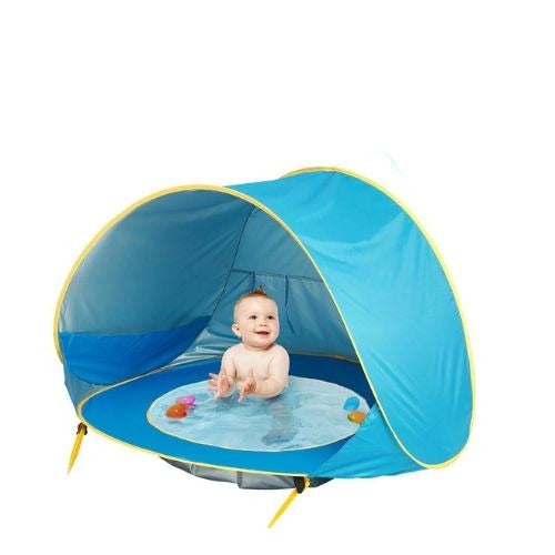 Baby beach tent with pop up design and mini splash pool for outdoor play and sun protection