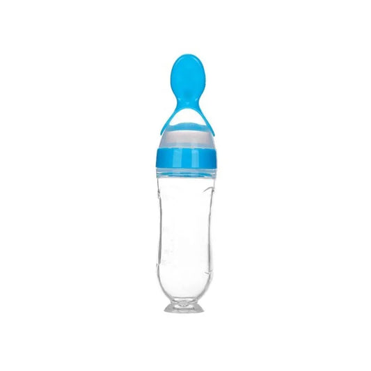 Baby food dispenser spoon in blue color with silicone squeeze bottle design for mess free puree feeding (Color: Blue)