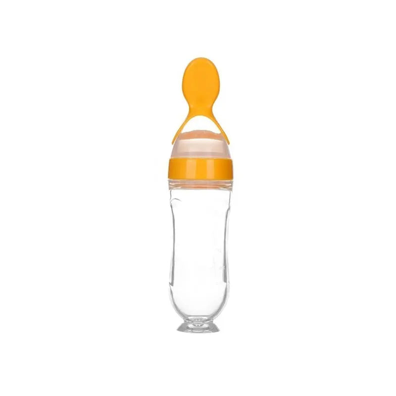 Baby food dispenser spoon in orange color with silicone squeeze bottle design for mess free puree feeding (Color: Orange)