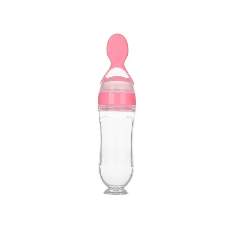 Baby food dispenser spoon in pink color with silicone squeeze bottle design for mess free puree feeding (Color: Pink)