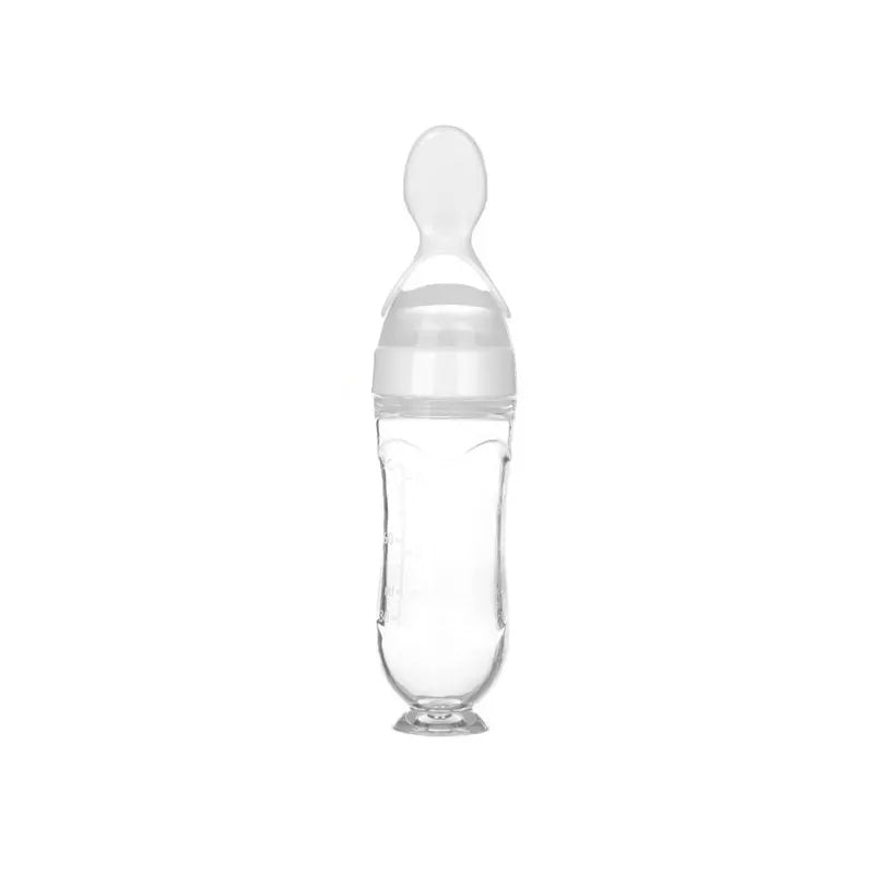 Baby food dispenser spoon in white color with silicone squeeze bottle design for mess free puree feeding (Color: White)