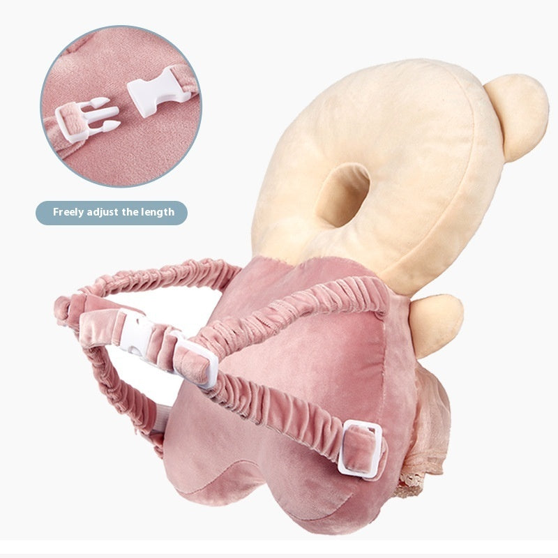 Baby head protection safety pad designed to cushion impacts and help protect infants during crawling and early walking adjustable length