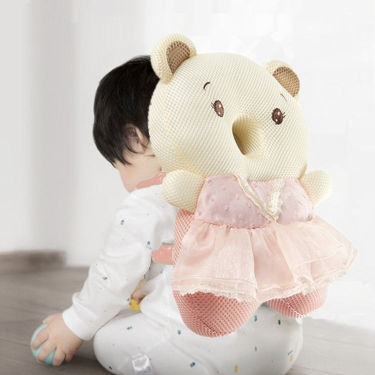 Baby head protection safety pad designed to cushion impacts and help protect infants during crawling and early walking in use with baby