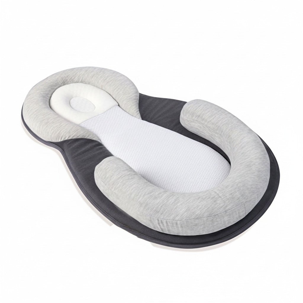 Soft baby head support pillow in gray color with anti-roll design, breathable hypoallergenic fabric, and ergonomic neck support for safe infant sleep baby model shot (Color: Gray)