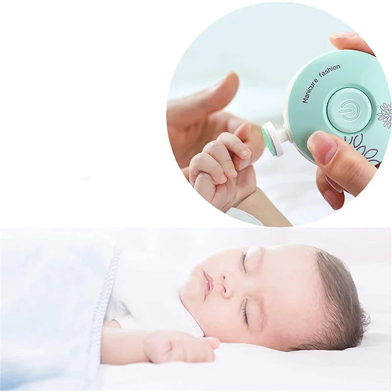 Baby nail trimmer in pink color with gentle grinding heads for safe and quiet nail care for infants with a baby model