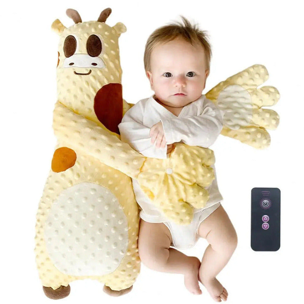 Baby patting pillow with automatic soothing motion to help babies relax and sleep comfortably depiction of remote control
