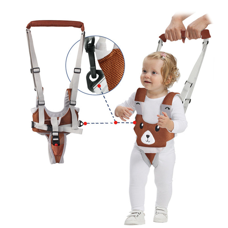 Baby and toddler walking assistant harness designed to help children learn to walk with balance and support bear design depiction of use