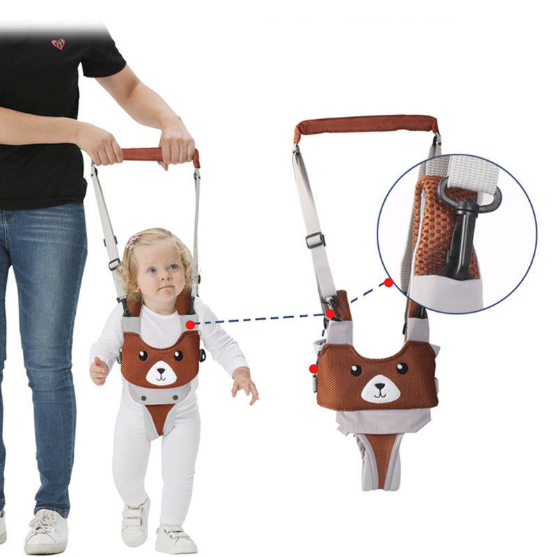 Baby and toddler walking assistant harness designed to help children learn to walk with balance and support bear design depiction of use with parent
