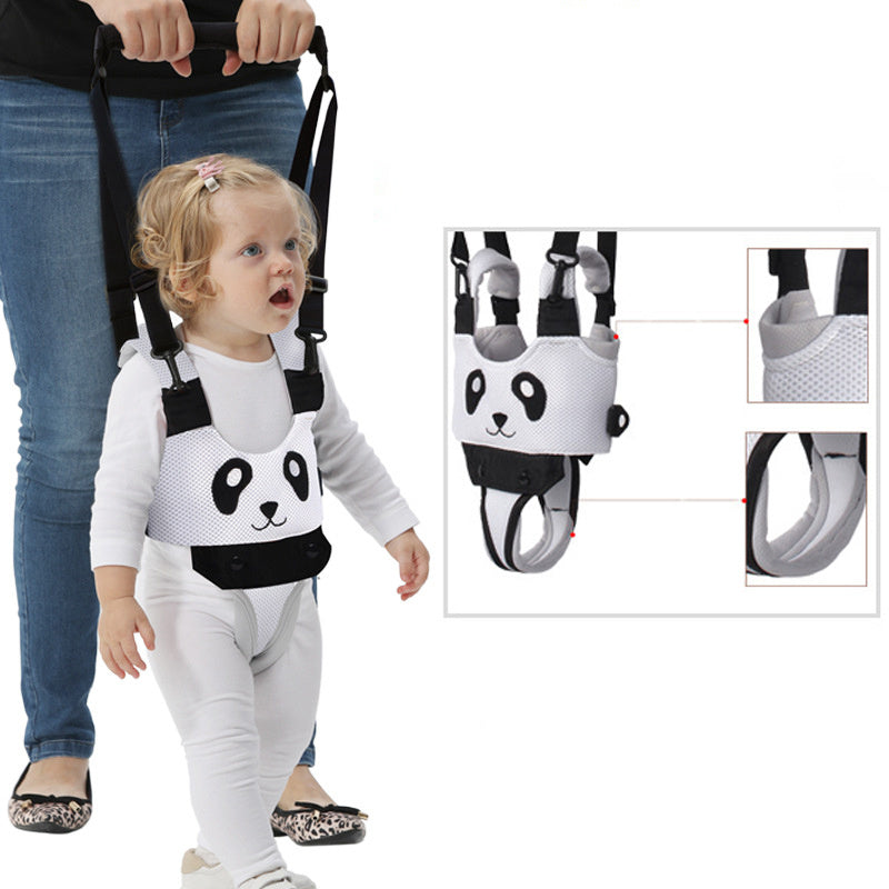 Baby and toddler walking assistant harness designed to help children learn to walk with balance and support panda design depiction of use with parent