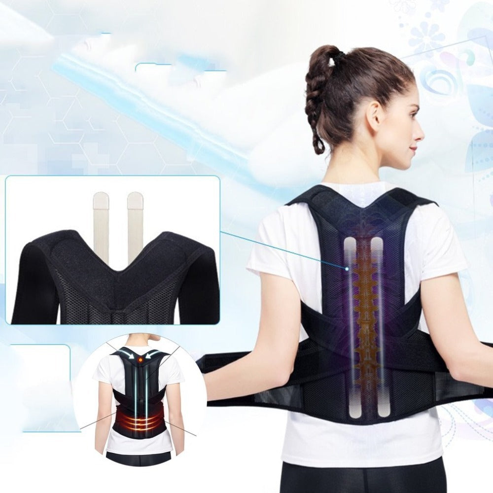 Back support and posture corrector designed to help improve posture and provide comfortable back support during daily activities depiction of use