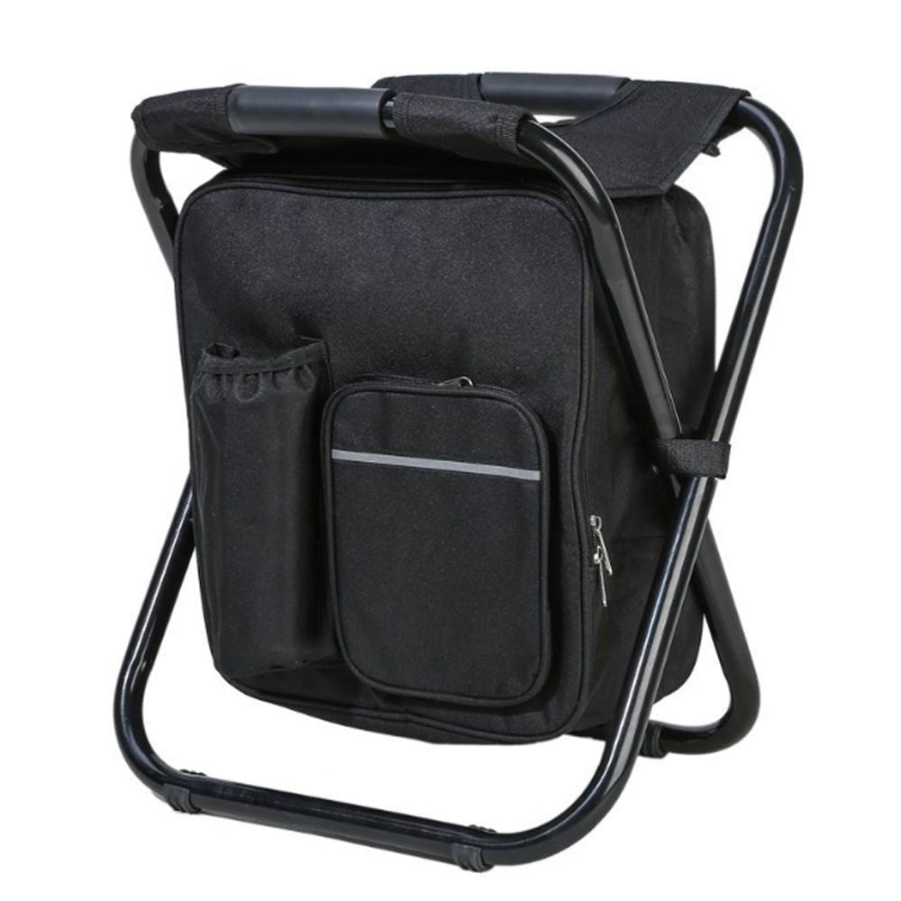 Backpack camping stool in black color with cooler portable folding chair with insulated storage for outdoor use (Color: Black)
