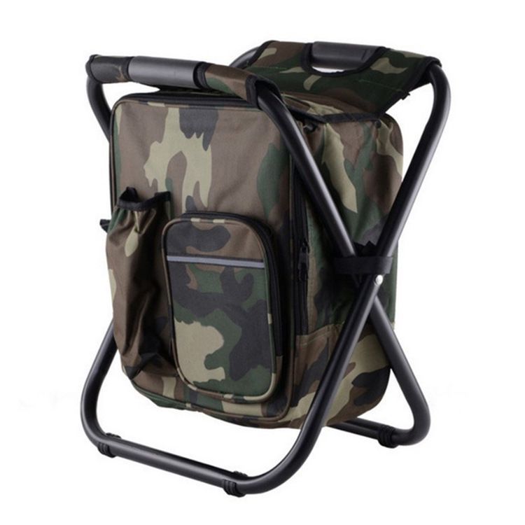 Backpack camping stool in camouflage color with cooler portable folding chair with insulated storage for outdoor use (Color: Camouflage)