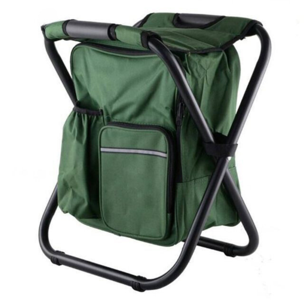 Backpack camping stool in green color with cooler portable folding chair with insulated storage for outdoor use (Color: Green)