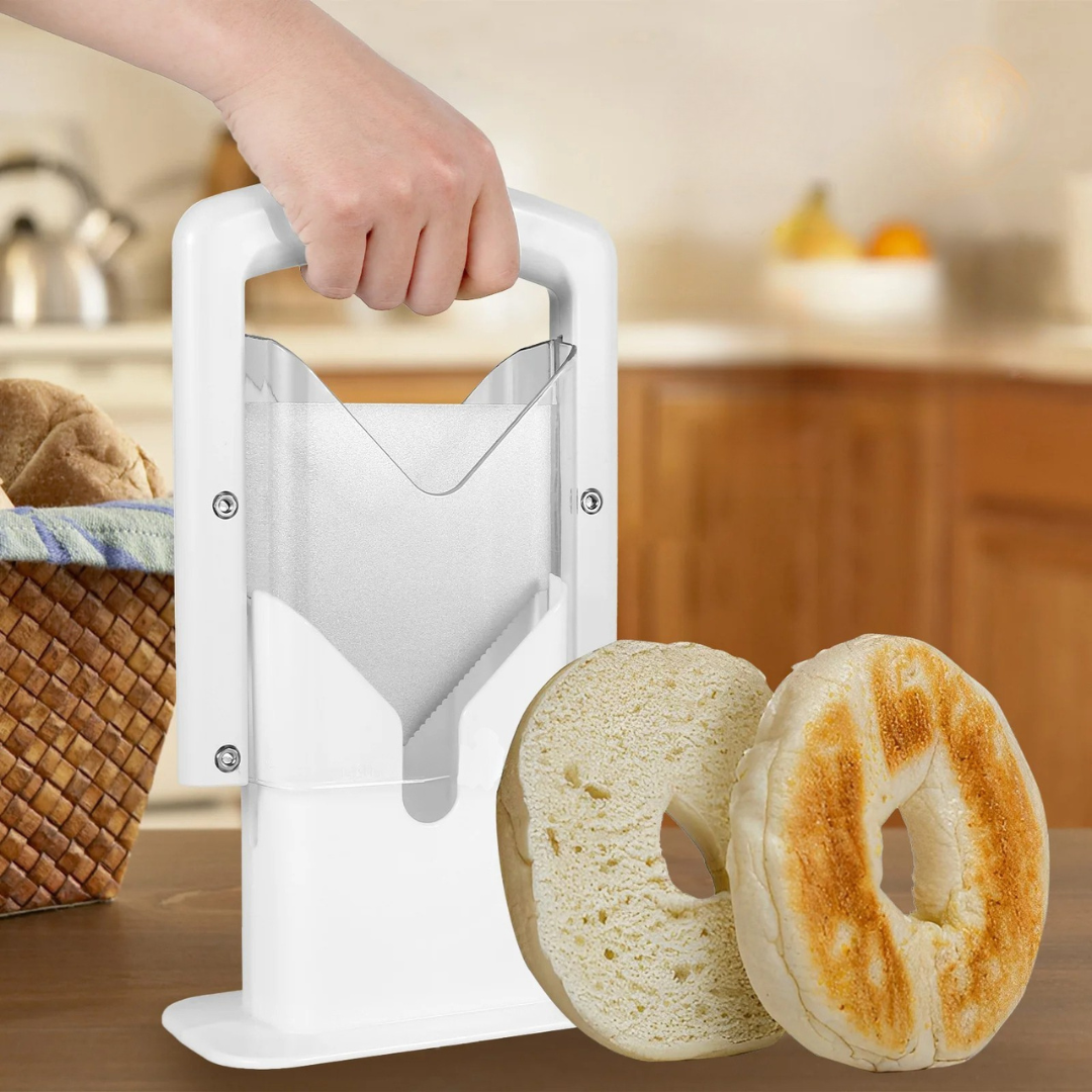 Bagel and bread slicer with safety guard and serrated blade for even cuts product shot