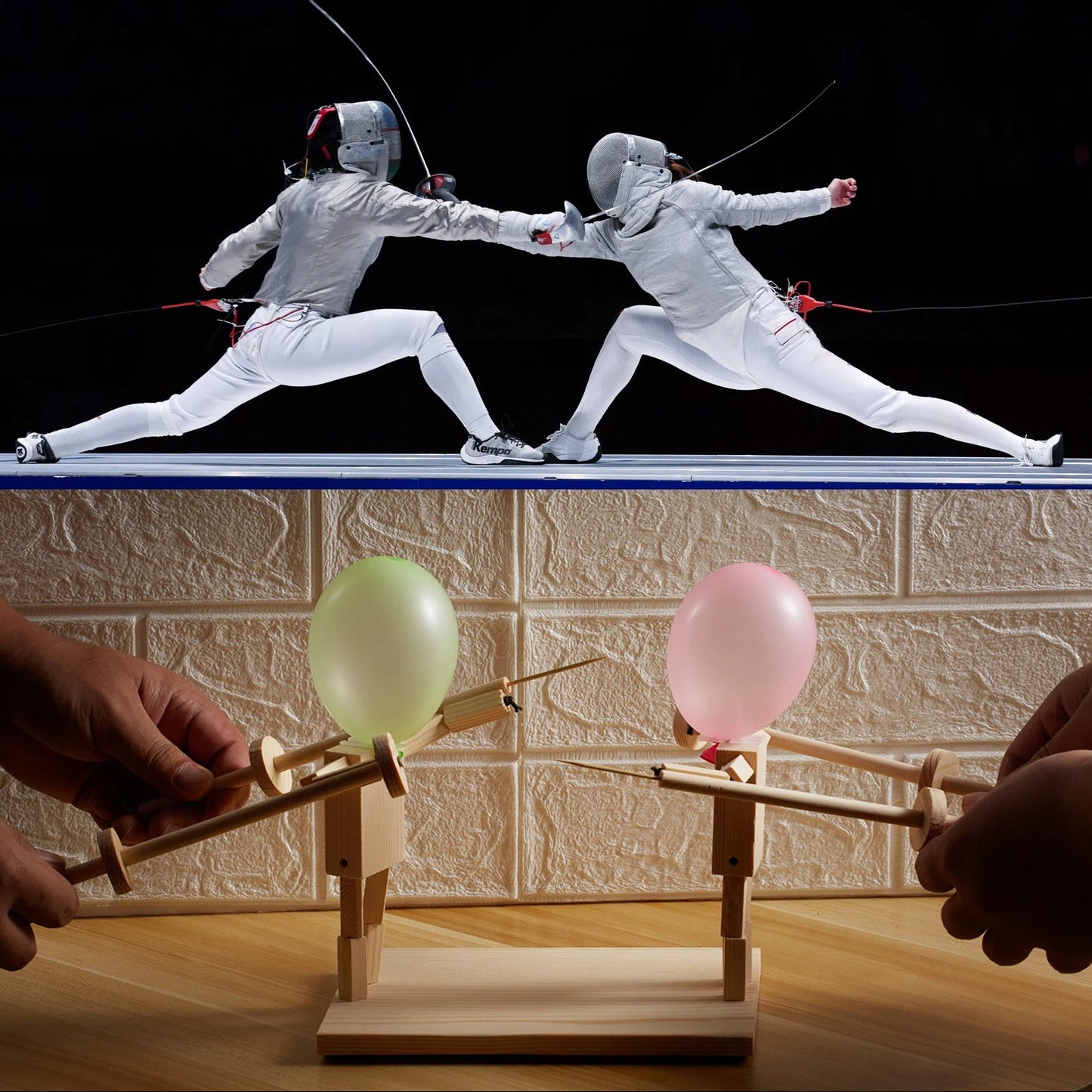 Balloon fencing game with wooden fighters and inflatable balloon heads for fun 2 player battles depiction of play