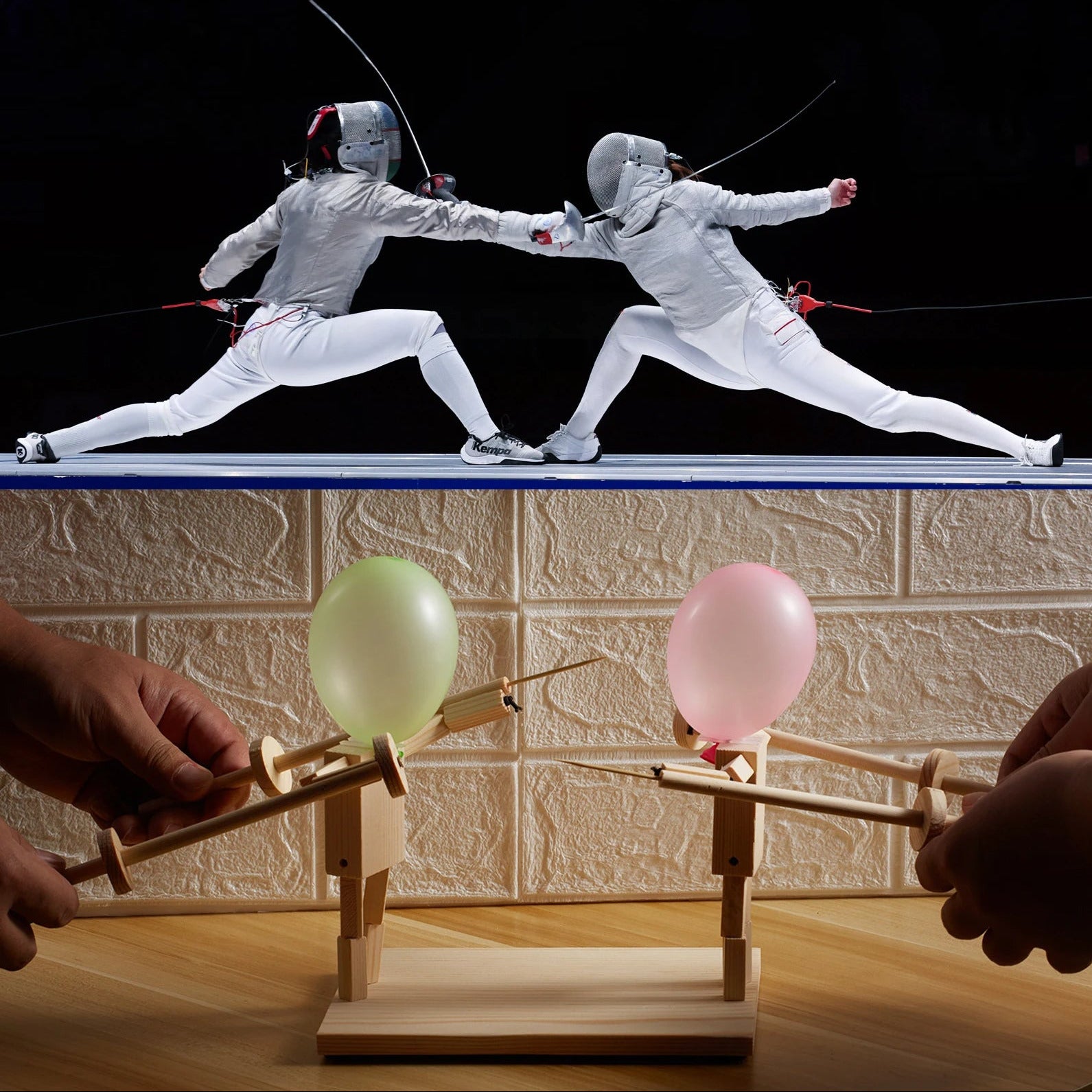 Balloon fencing game with wooden fighters and inflatable balloon heads for fun 2 player battles depiction of play
