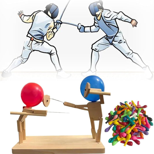 Balloon fencing game with wooden fighters and inflatable balloon heads for fun 2 player battles