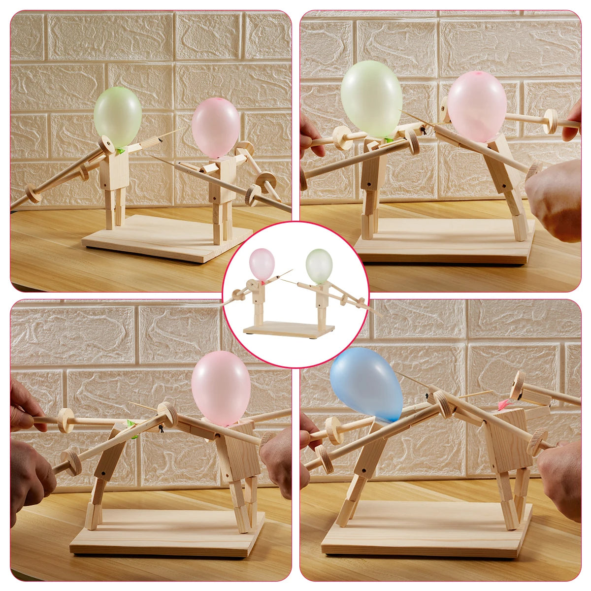 Balloon fencing game with wooden fighters and inflatable balloon heads for fun 2 player battles various depictions of play