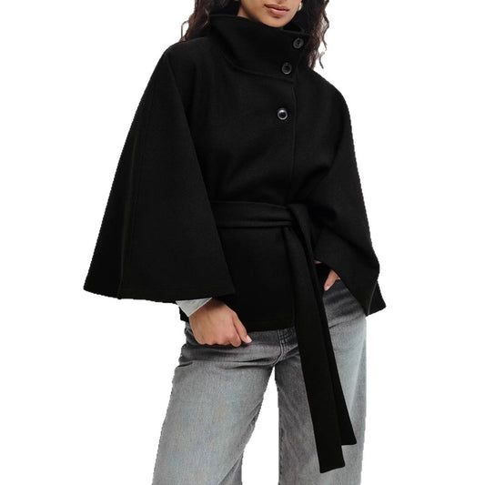 Batwing sleeve trench coat in black color with high neck loose fit and button front design model shot (Color: Black)