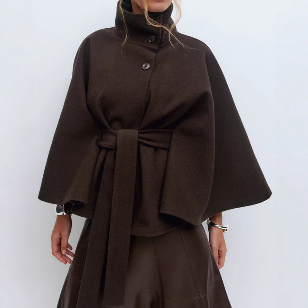 Batwing sleeve trench coat in brown color with high neck loose fit and button front design model shot (Color: Brown)