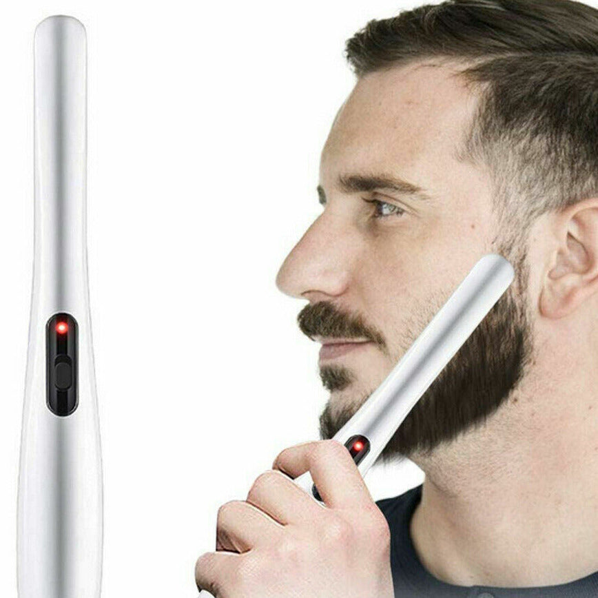 Beard and hair straightening comb with fast heating for smooth styling man model shot depiction of beard straightening