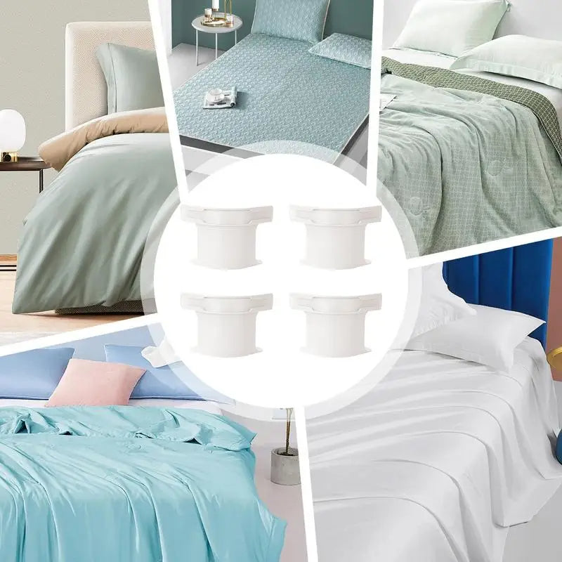 Bed sheet fasteners with adjustable elastic straps and clips to keep sheets tight and in place depiction of use cases