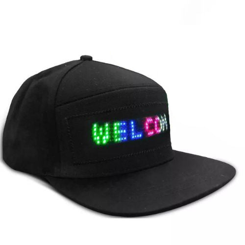Bluetooth led cap in black color with customizable display screen and rechargeable battery connection (Color: Black)