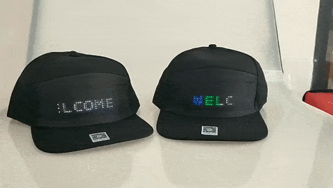 Bluetooth led cap with customizable display screen and rechargeable battery connection gif