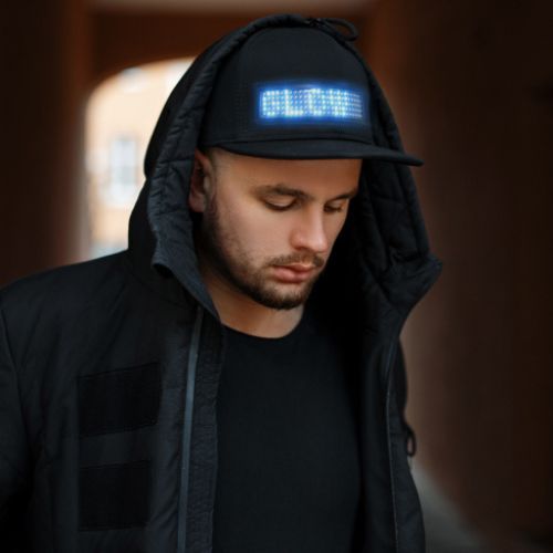 Bluetooth led cap with customizable display screen and rechargeable battery connection model shot