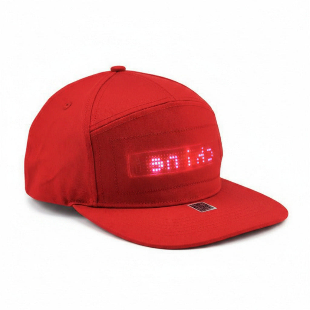 Bluetooth led cap in red color with customizable display screen and rechargeable battery connection (Color: Red)