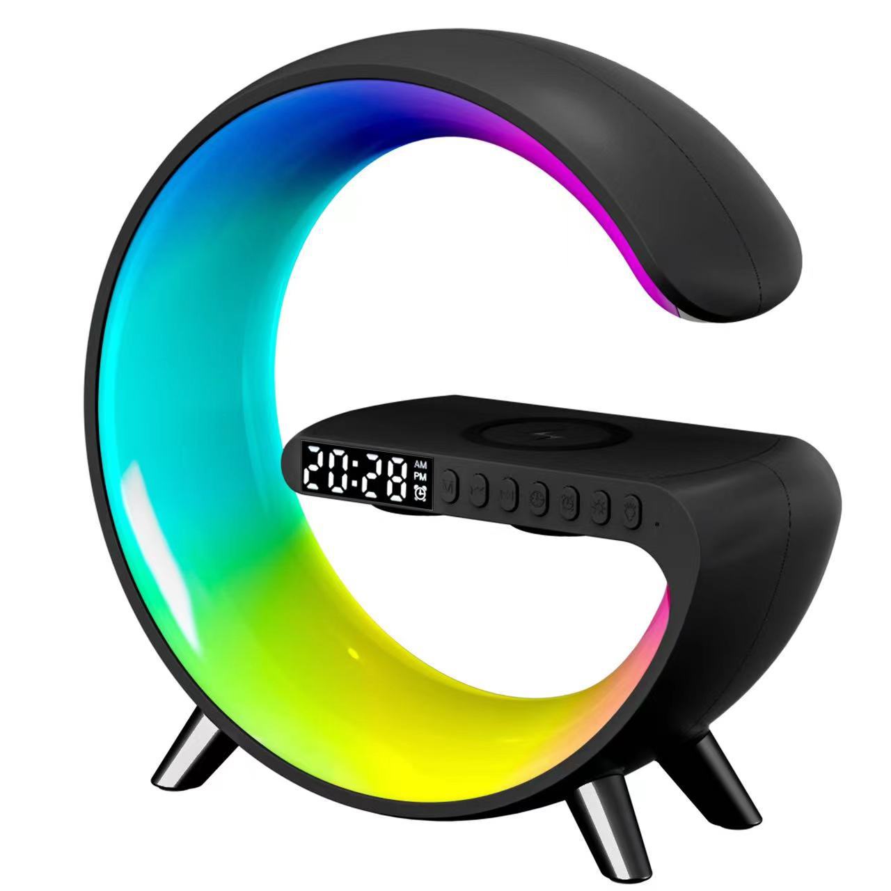 Bluetooth speaker lamp in black color with wireless charger ambient light and sound device for bedroom (Color: Black)