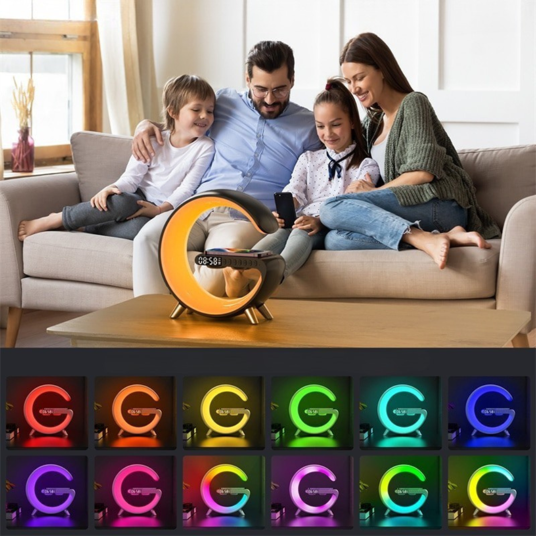 Bluetooth speaker lamp with wireless charger ambient light and sound device for bedroom product shot depiction of use in living room