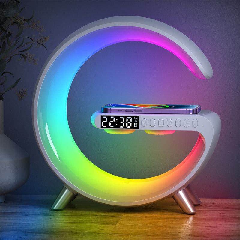 Bluetooth speaker lamp with wireless charger ambient light and sound device for bedroom product shot