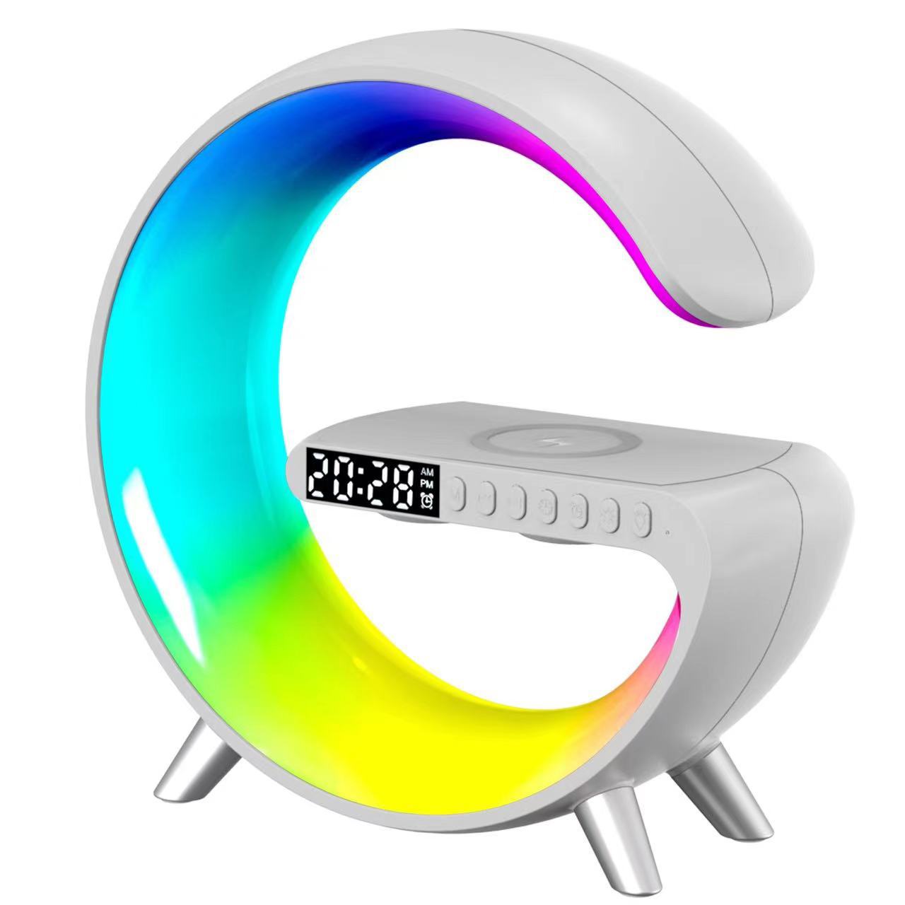 Bluetooth speaker lamp in white color with wireless charger ambient light and sound device for bedroom (Color: White)