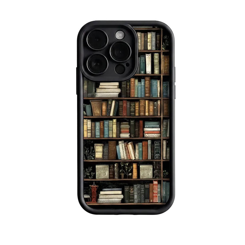 Bookshelf iphone case in black color with soft silicone protection and cozy book inspired aesthetic design (Color: Black)