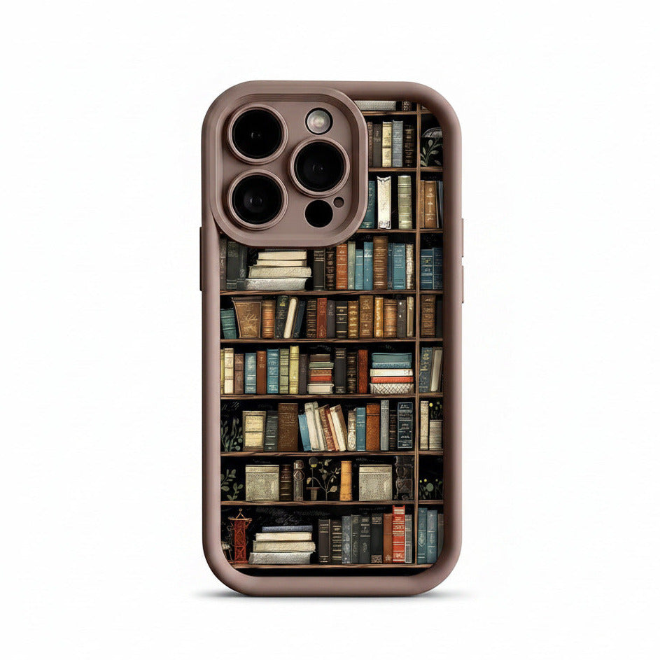 Bookshelf iphone case in brown color with soft silicone protection and cozy book inspired aesthetic design (Color: Brown)