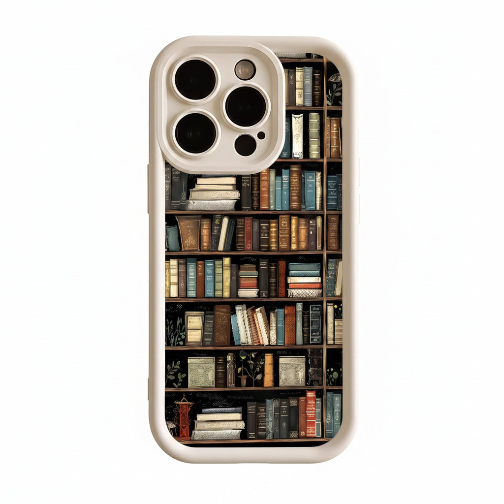 Bookshelf iphone case in white color with soft silicone protection and cozy book inspired aesthetic design (Color: White)