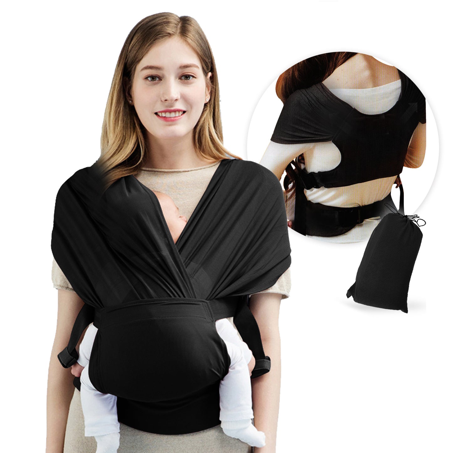 Breathable baby sling carrier wrap in black color for newborn and infant lightweight comfortable babywearing (Color: Black)