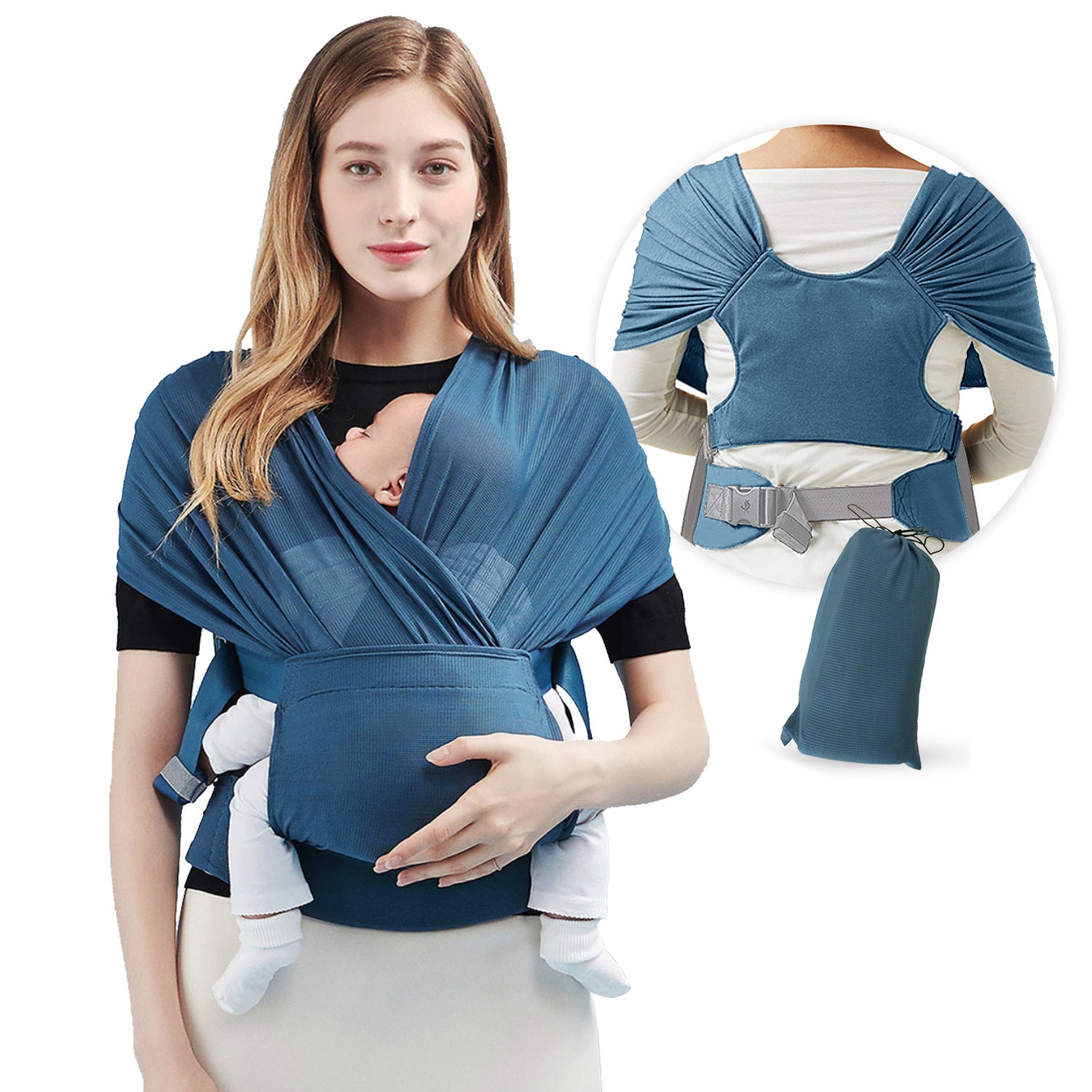 Breathable baby sling carrier wrap in blue color for newborn and infant lightweight comfortable babywearing (Color: Blue)