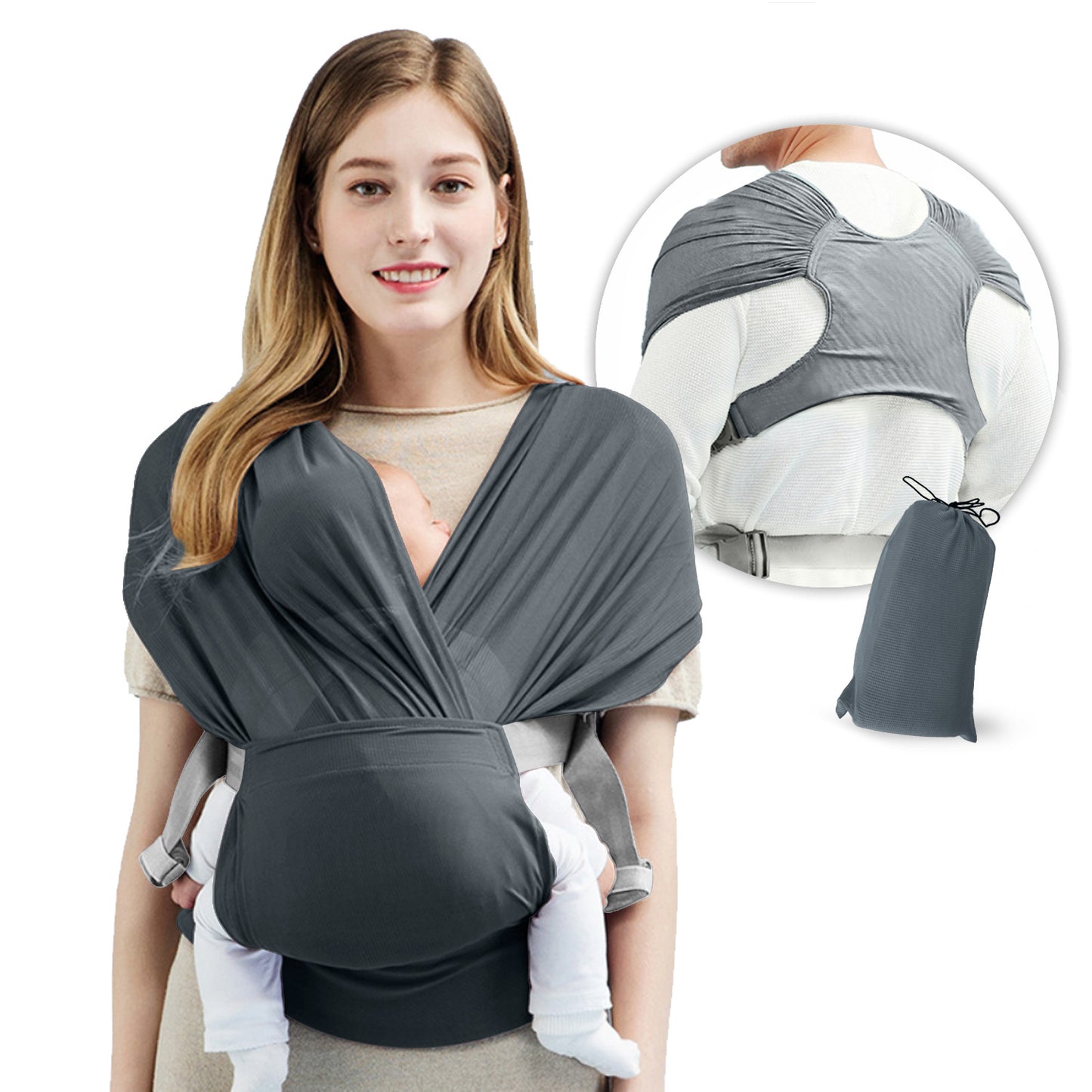 Breathable baby sling carrier wrap in gray color for newborn and infant lightweight comfortable babywearing (Color: Gray)