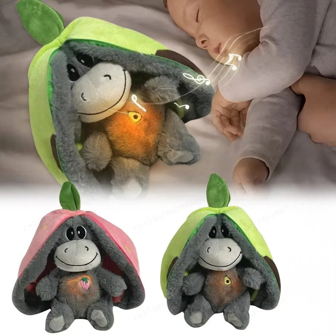 Calming donkey plush toy with breathing motion soothing lights and strawberry and avocado themed designs for bedtime comfort depiction of music and glow