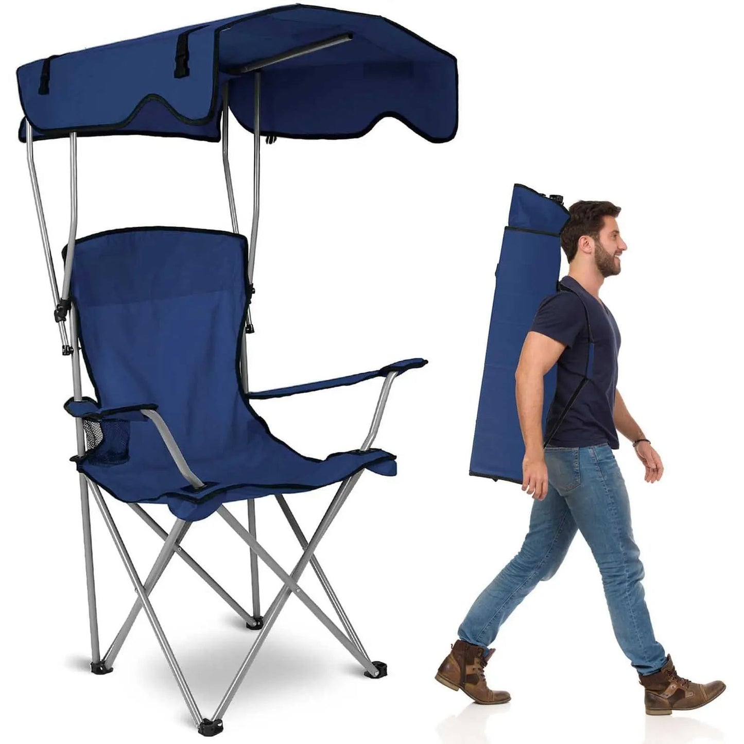 Camping chair with canopy sunshade and side panels for outdoor comfort and sun protection
